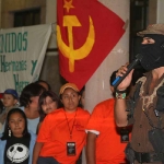 El Subcomandante Insurgente Marcos, Delegado Zero para La Otra Campana del EZLN durante discurso en reunion con adherentes en la Preparatoria numero 1 de la Universidad Michoacana de San Nicolas de Hidalgo. en la capital Michoacana. Foto: Moysés Zúñiga Santiago.